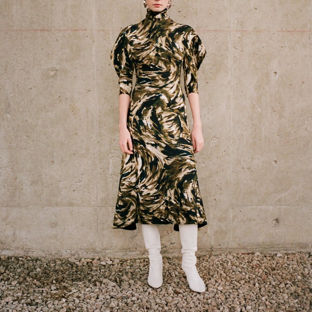 Proenza Schouler Feather Print Draped Sleeve Dress